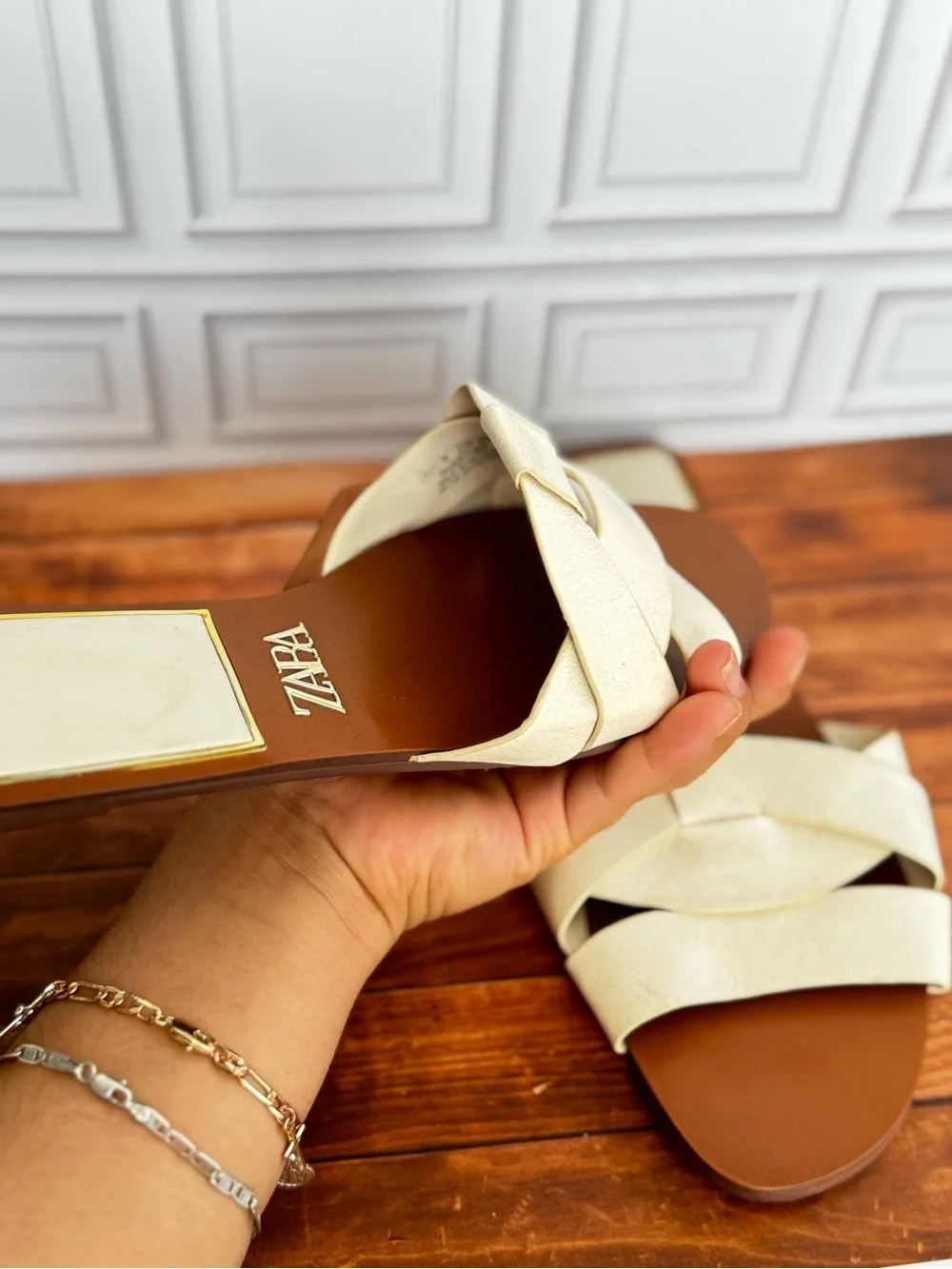 Zara leather Cream Braided Flat Slide Sandals - Picture 6 of 8